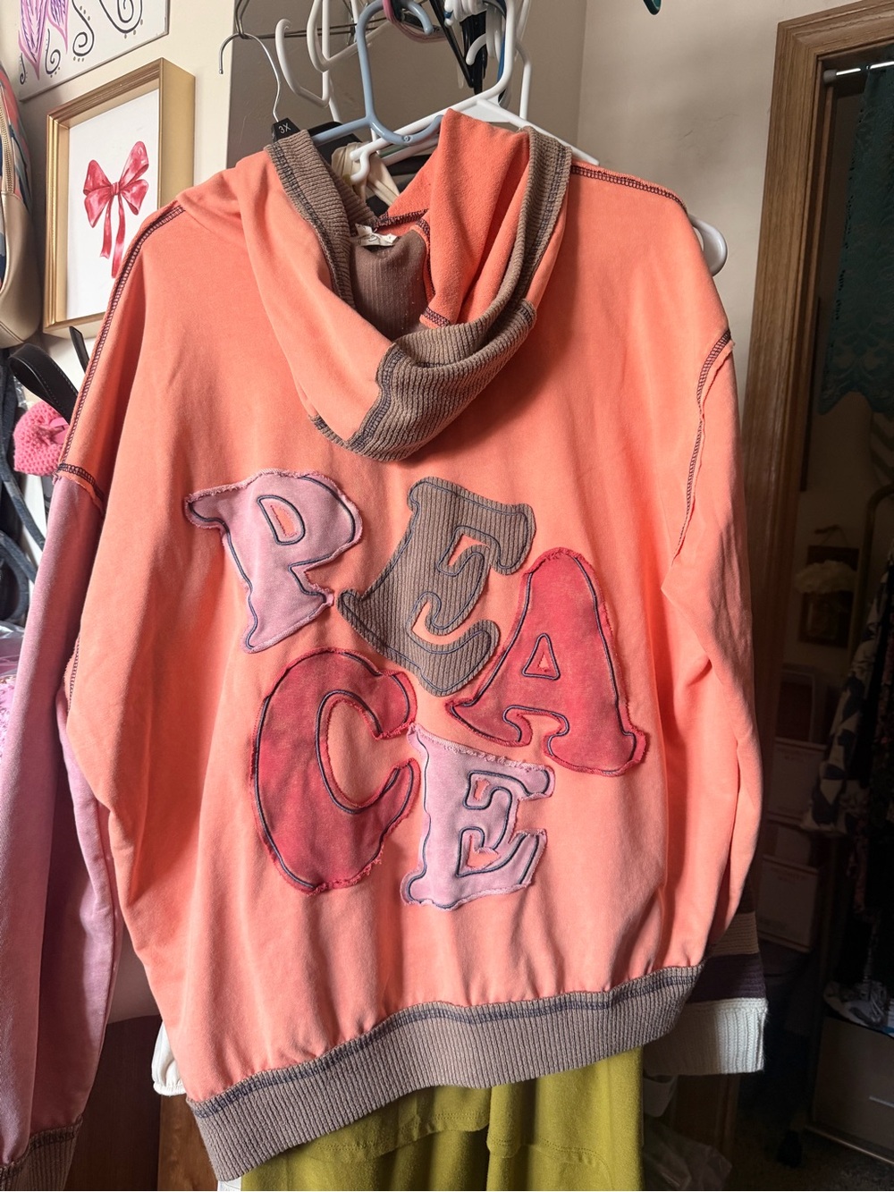 easel Peach Patchwork Letter Hoodie Sweater - Peach & Brown Accents